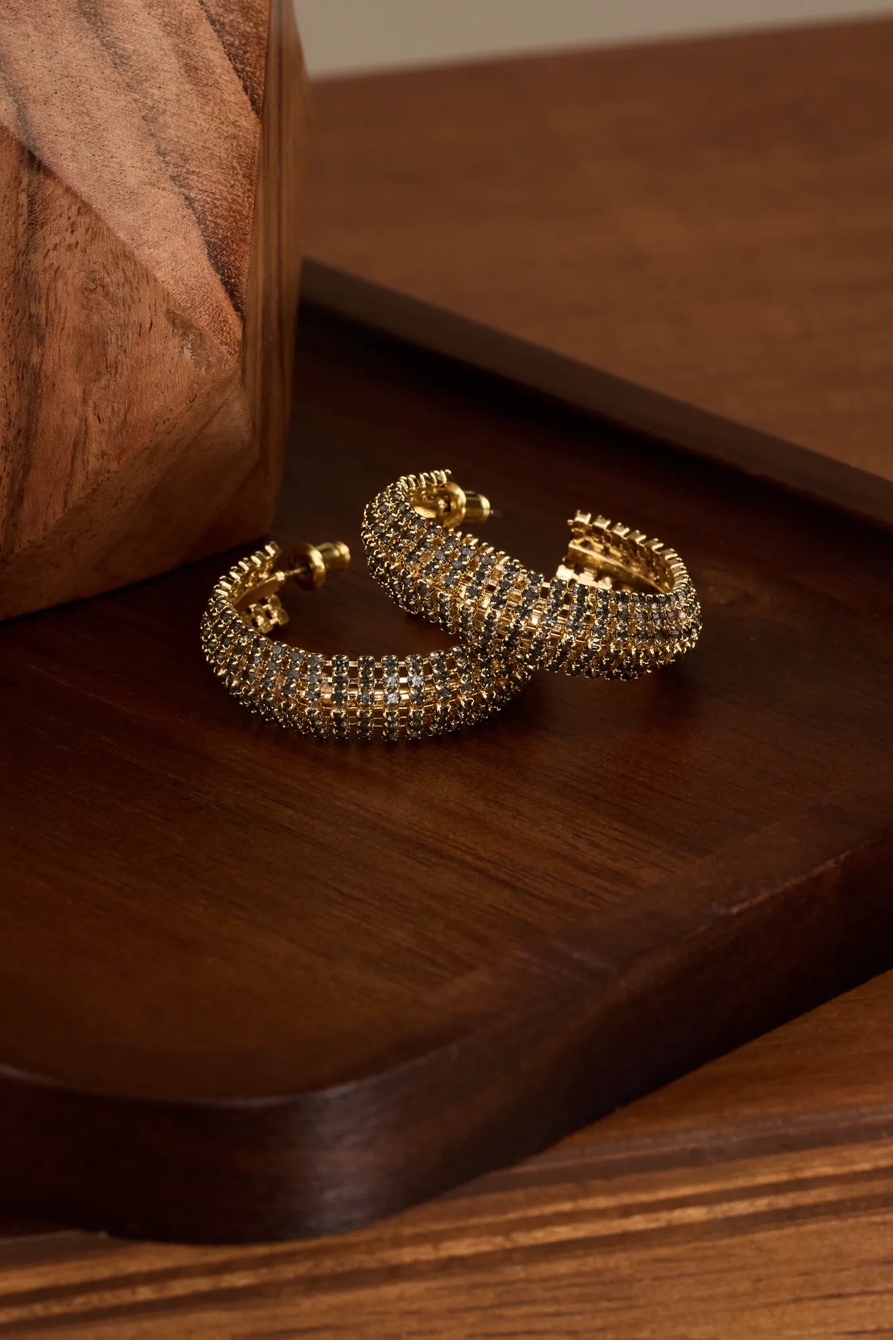 Wide Grey Crystal Hoop Earrings — GOLD — image 2