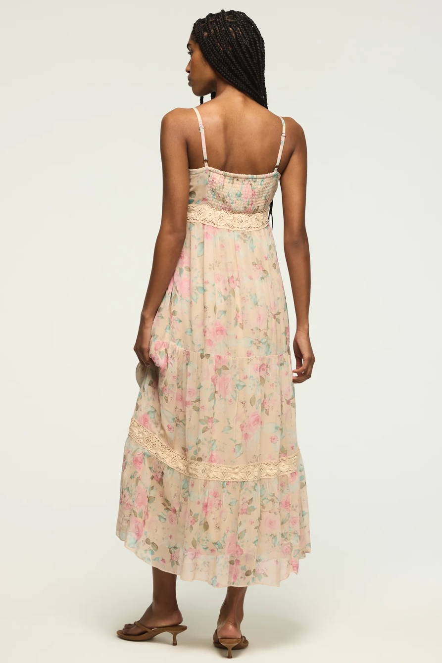 PRINTED LACE TIERED MIDI DRESS — Cream Floral — image 3