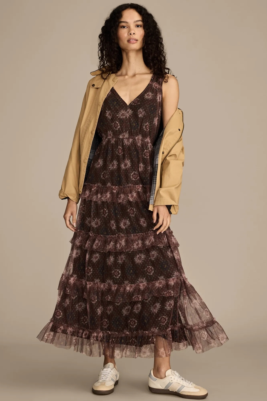 FLORAL MESH TIERED MIDI DRESS — Black Floral — image 2