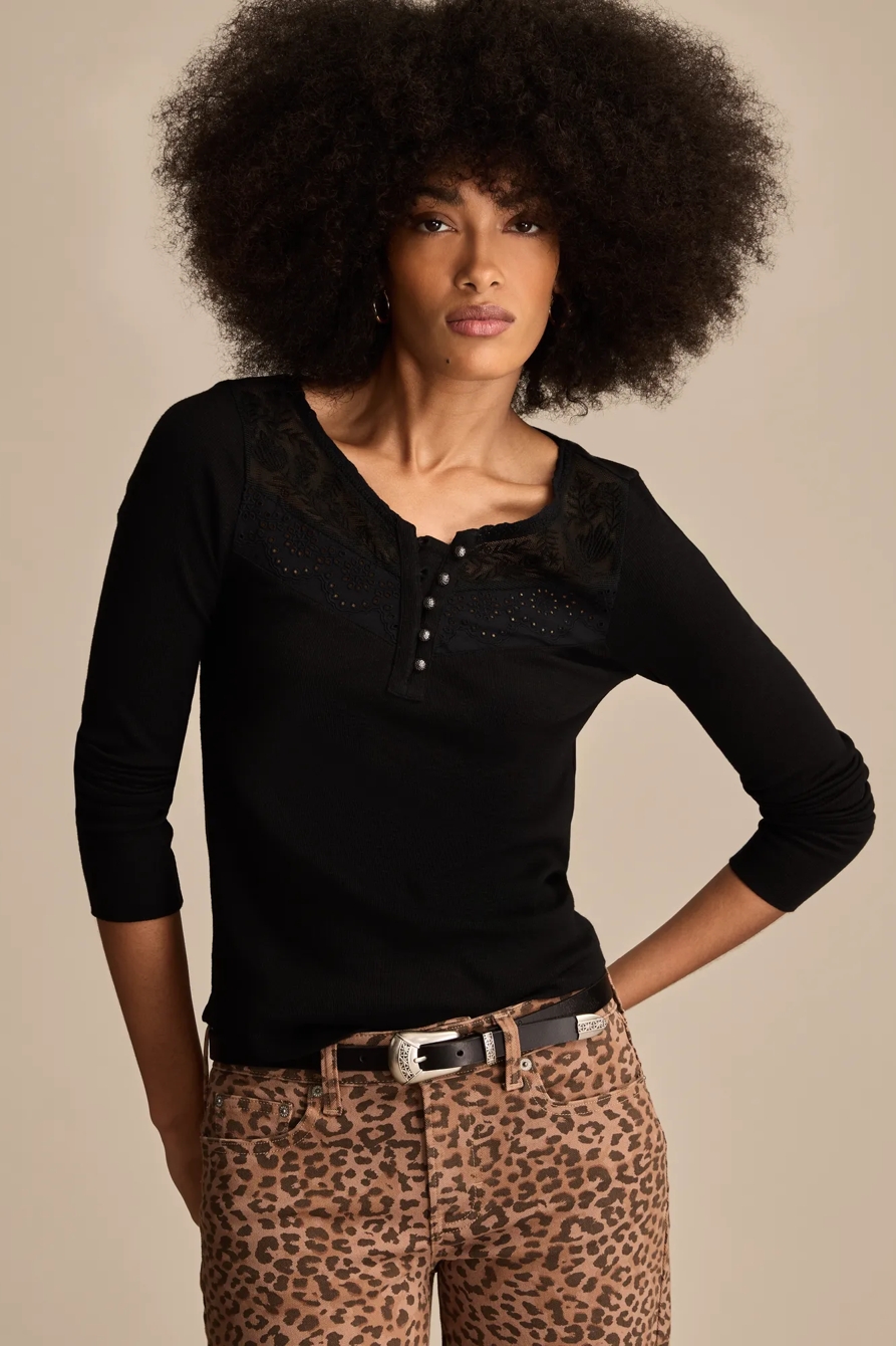 LACE YOKE HENLEY — CAVIAR — image 1