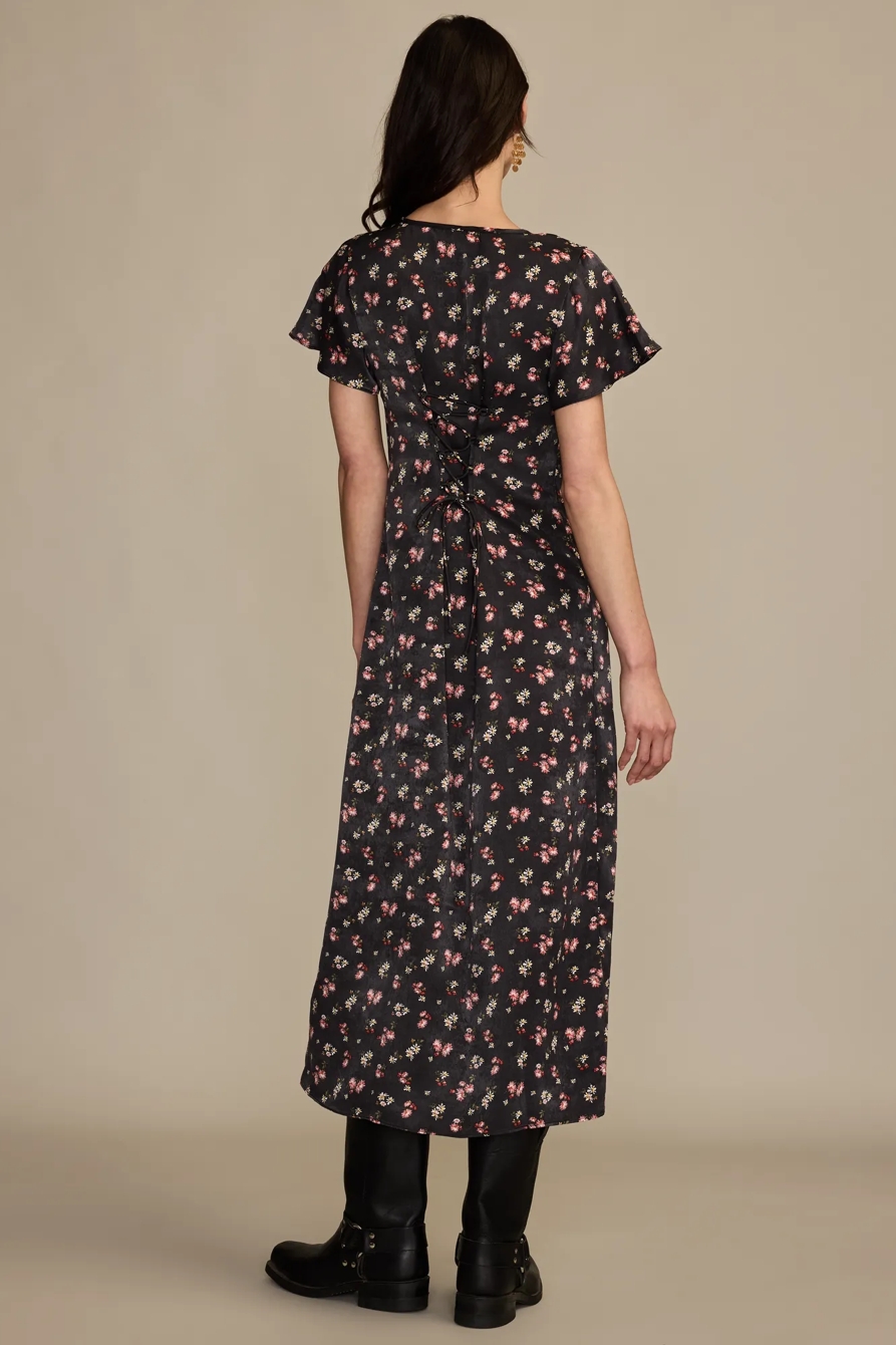 FLUTTER SLEEVE MIDI DRESS — BLACK MULTI — image 3