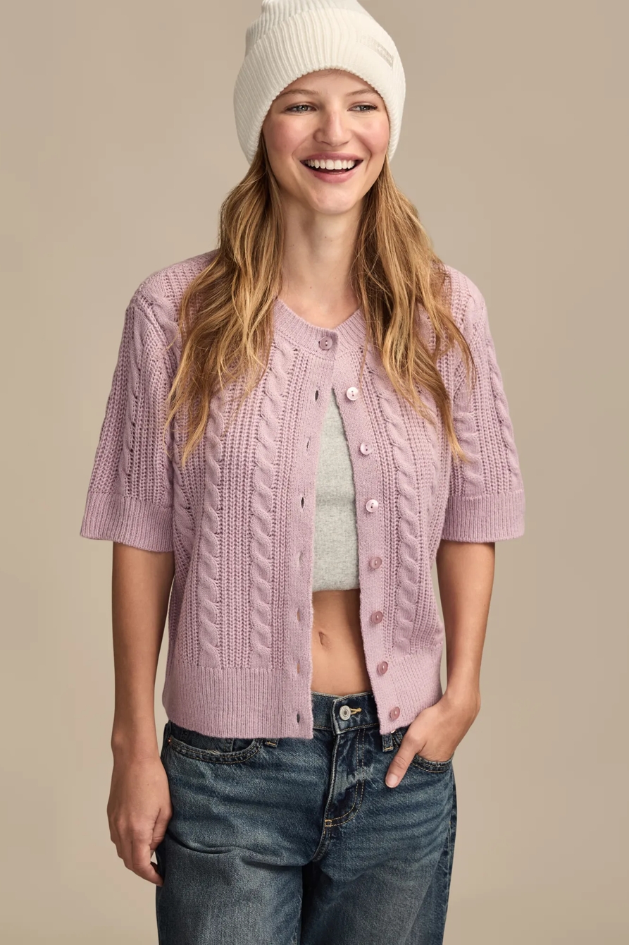 SHORT SLEEVE CABLE CARDIGAN — DAWN PINK — image 1