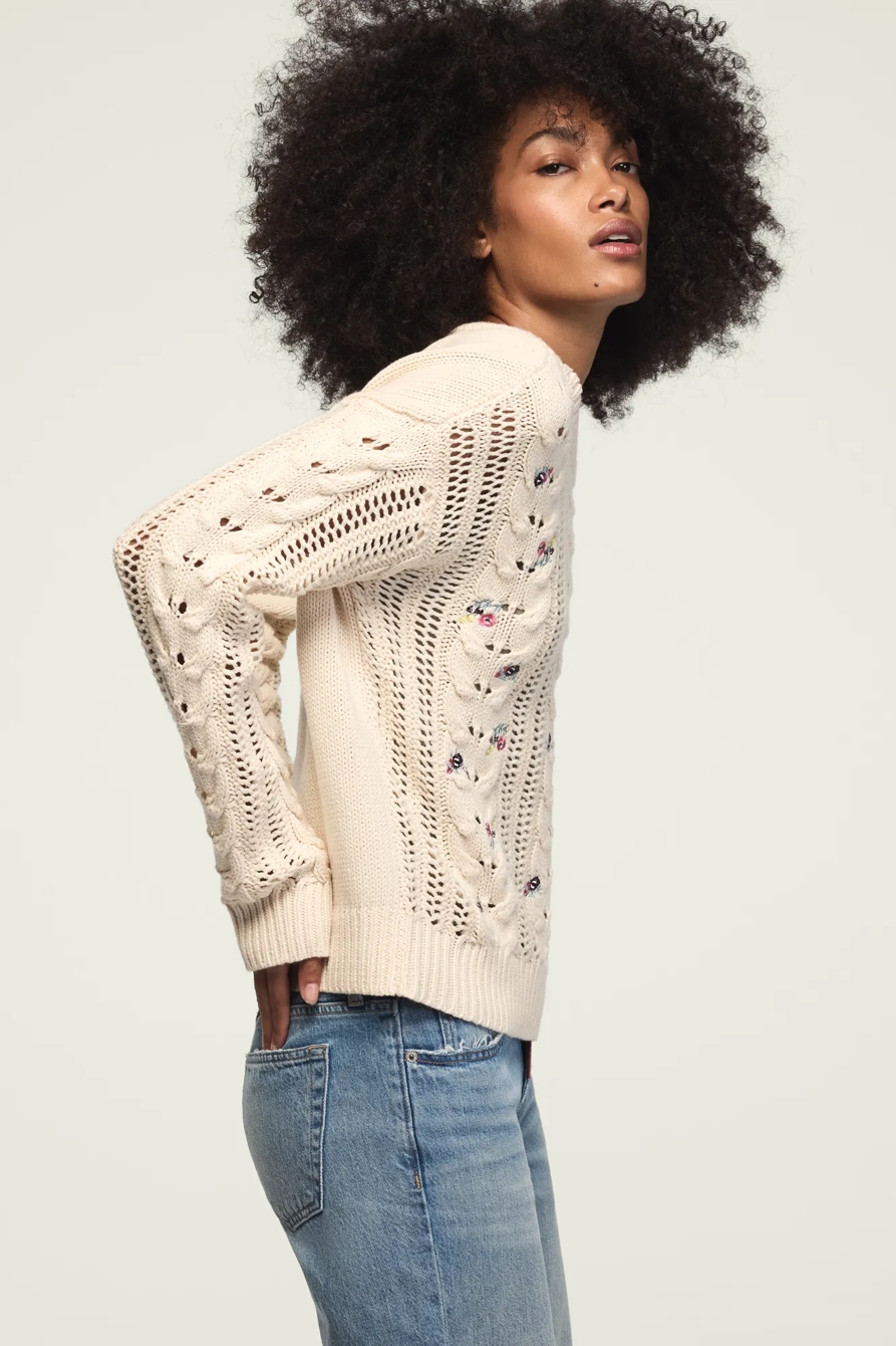 FLORAL EMBROIDERED CREW NECK SWEATER — WHITECAP GRAY — image 4