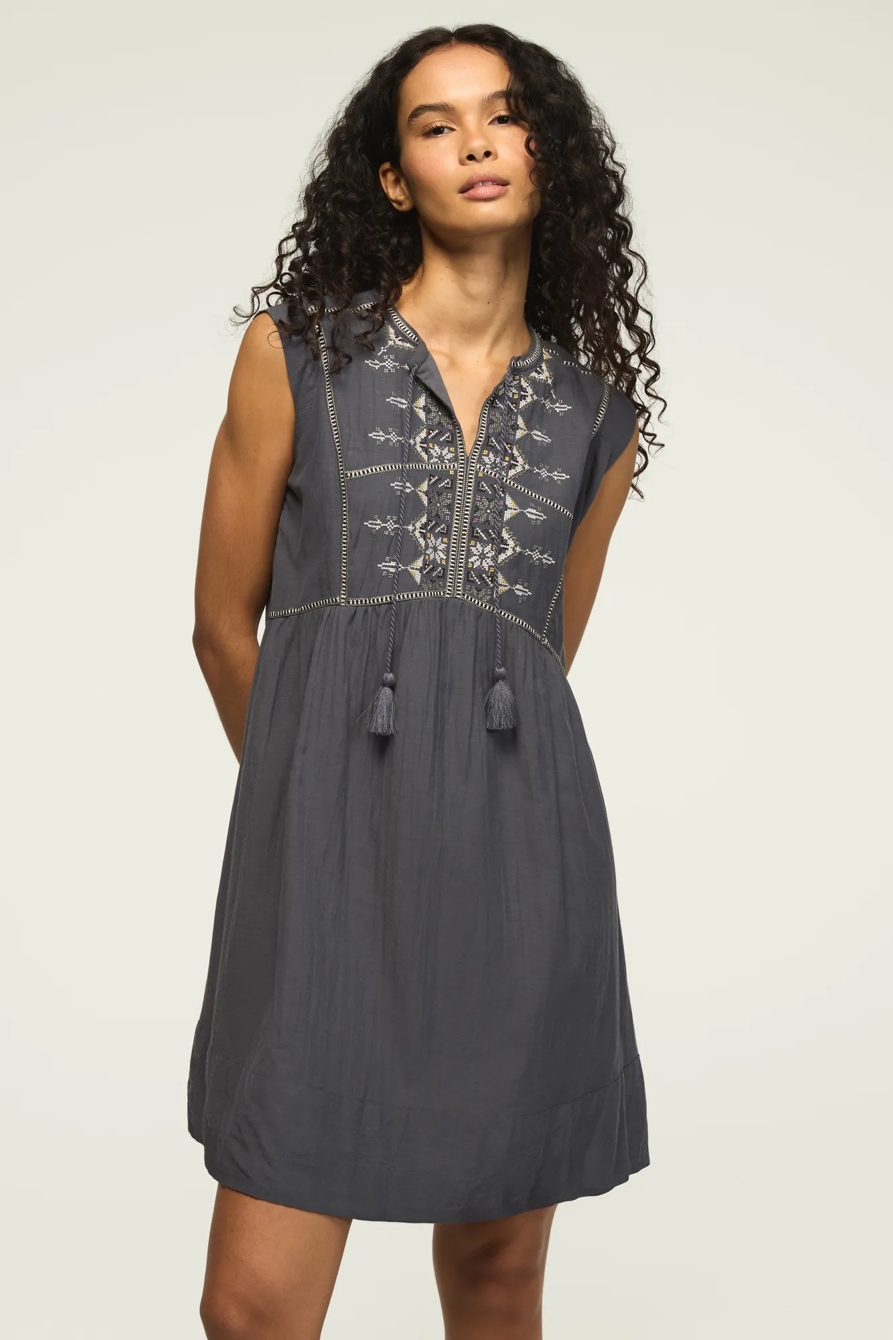 EMBROIDERED YOKE NOTCH NECK MINI DRESS — TURBULENCE — image 6