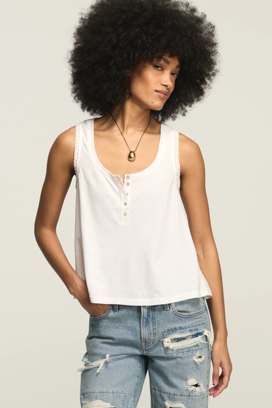 CROCHET TRIM HENLEY TANK — BRIGHT WHITE — image 1