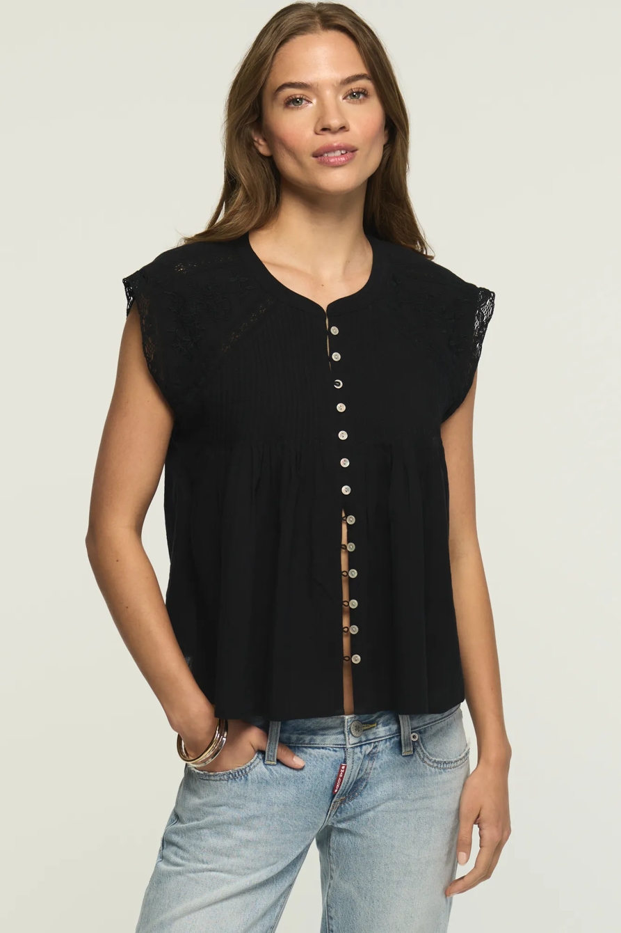 EMBROIDERED SHELL SLEEVE TOP — CAVIAR — image 1