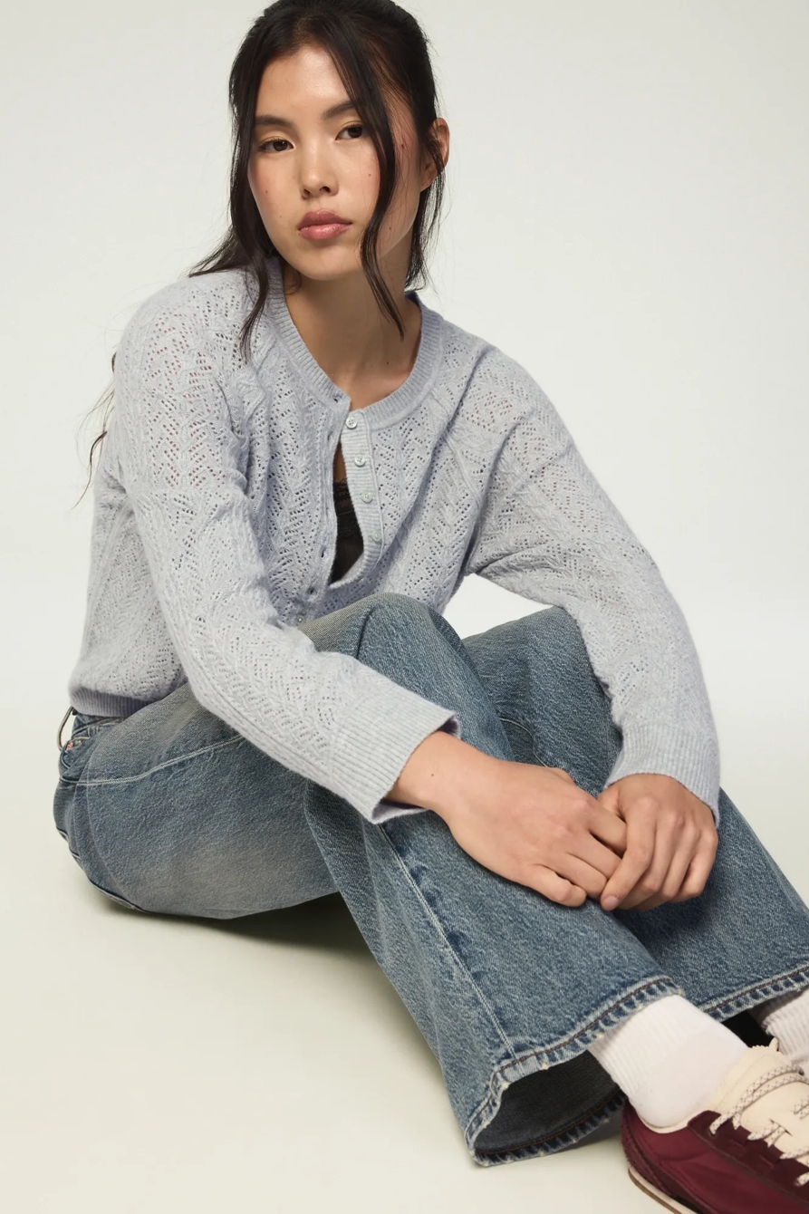 CLOUD SOFT POINTELLE HENLEY SWEATER — BLUE SURF HTR — image 5