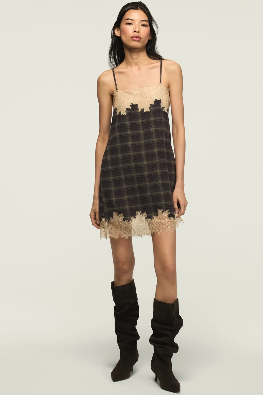 PLAID LACE TRIMMED MINI DRESS — BROWN PLAID — image 3
