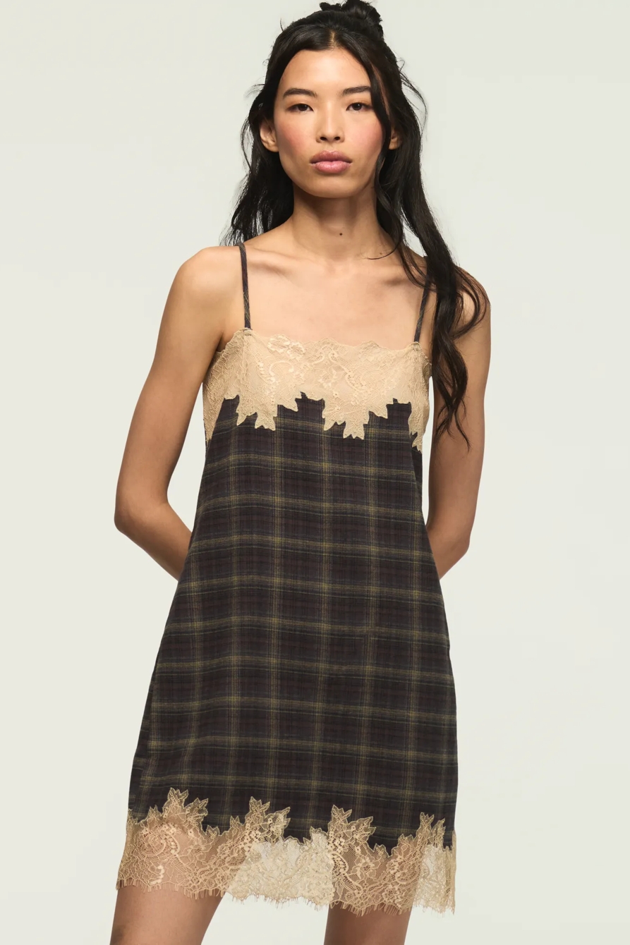 PLAID LACE TRIMMED MINI DRESS — BROWN PLAID — image 1