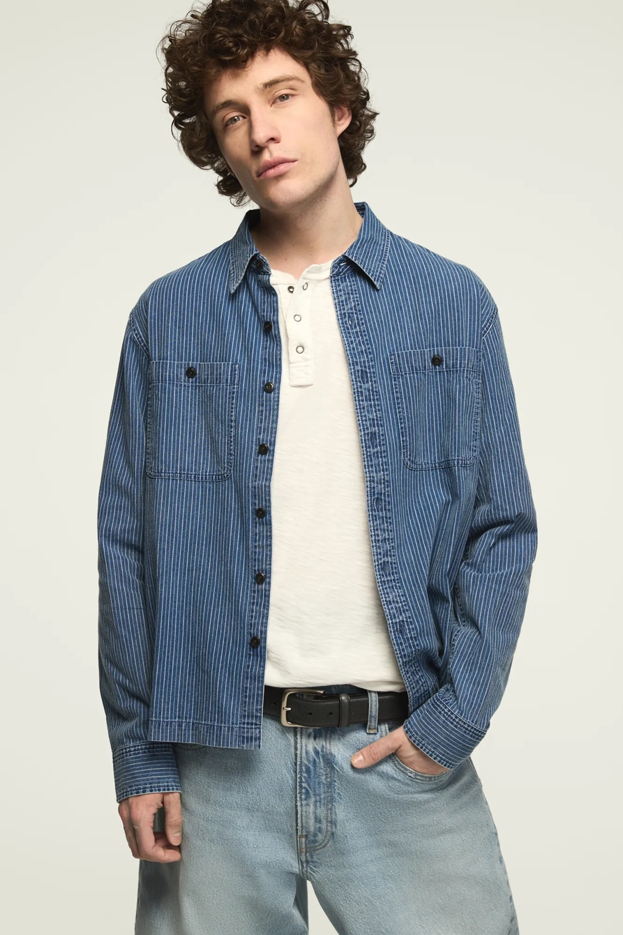 INDIGO NOVELTY LONG SLEEVE MASON SHIRT — INDIGO STRIPE — image 2