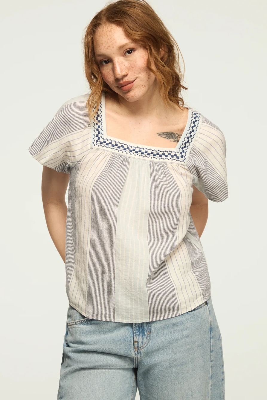 SQUARE NECK STRIPED EMBROIDERED TOP — BLUE STRIPE — image 1