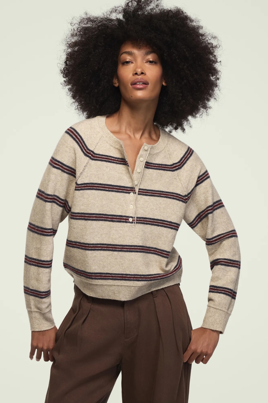 CLOUD SOFT STRIPED HENLEY SWEATER — FADED OATMEAL HTR — image 1