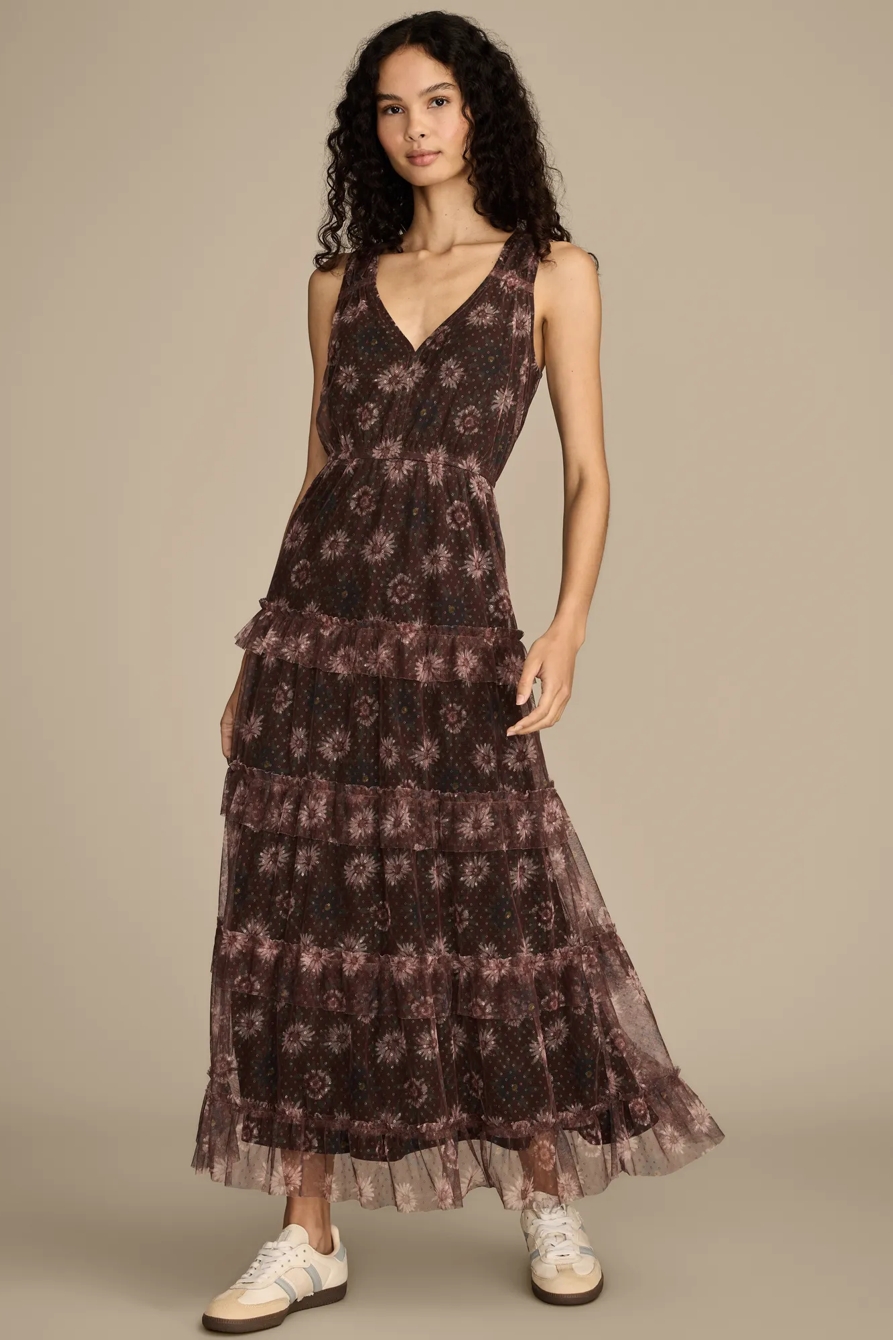 FLORAL MESH TIERED MIDI DRESS — Black Floral — image 1