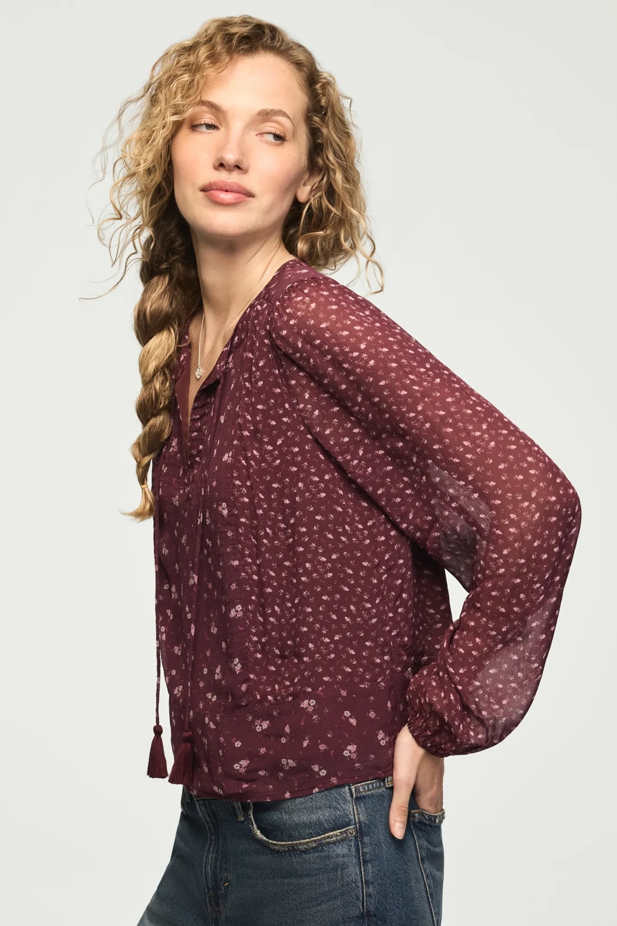 PRINT MIX LONG SLEEVE PEASANT TOP — BURGUNDY PRINT MIX — image 4