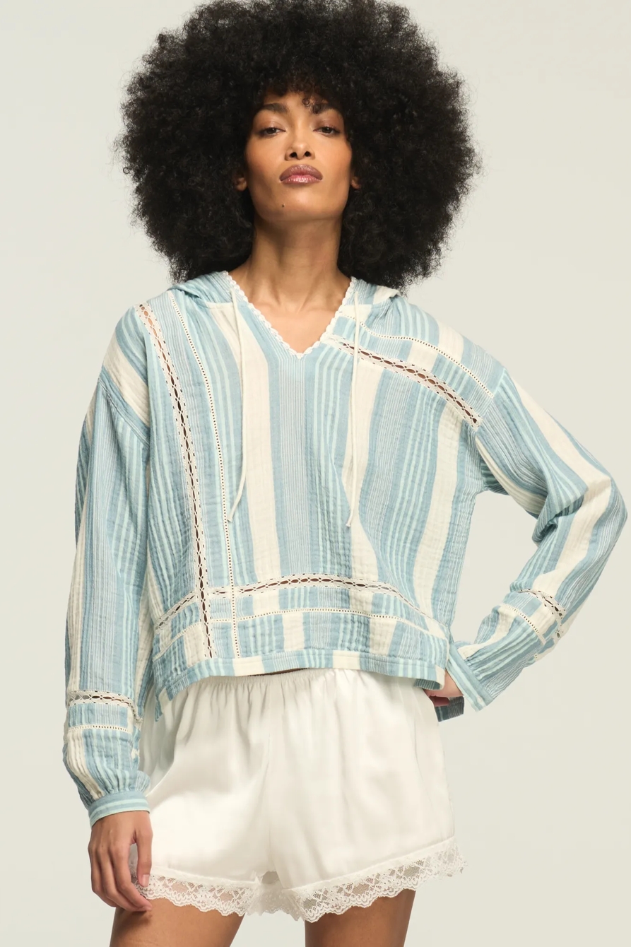 TRIMMED GAUZE HOODIE — BLUE STRIPE — image 1