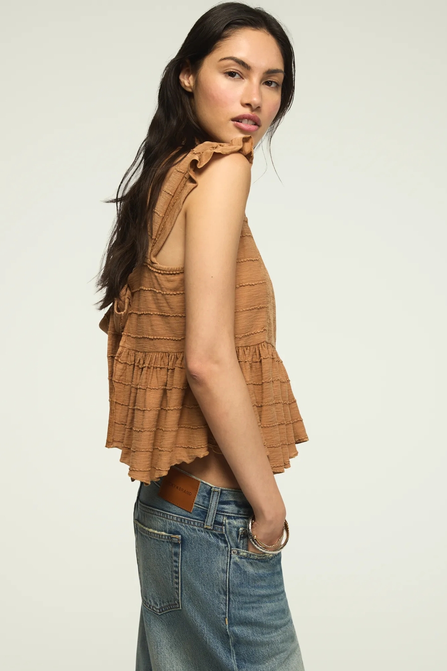 EMBROIDERED FLUTTER PEPLUM TOP — BROWN — image 4