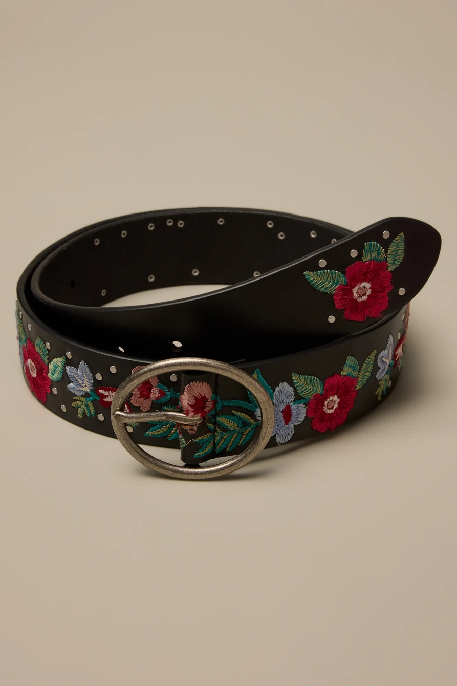 STUD FLORAL EMBROIDERED BELT — BLACK — image 1