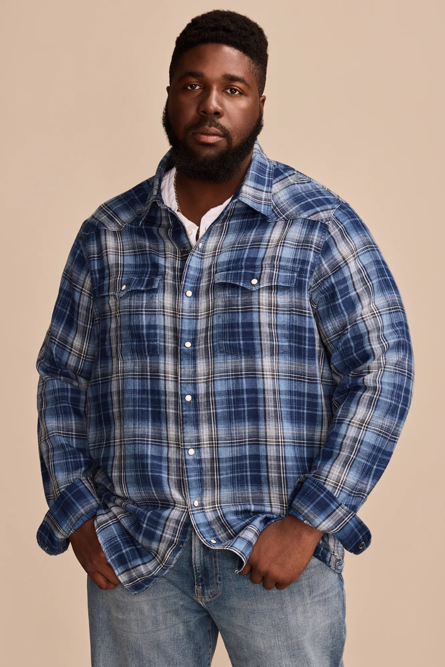 BIG & TALL INDIGO PLAID WESTERN LONG SLEEVE SHIRT — DARK INDIGO — image 1