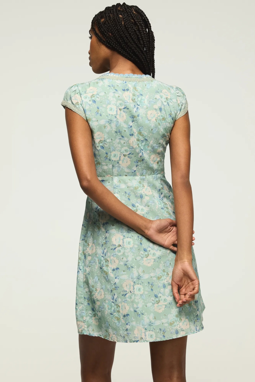 CAP SLEEVE PRINTED MINI DRESS — BLUE FLORAL — image 3