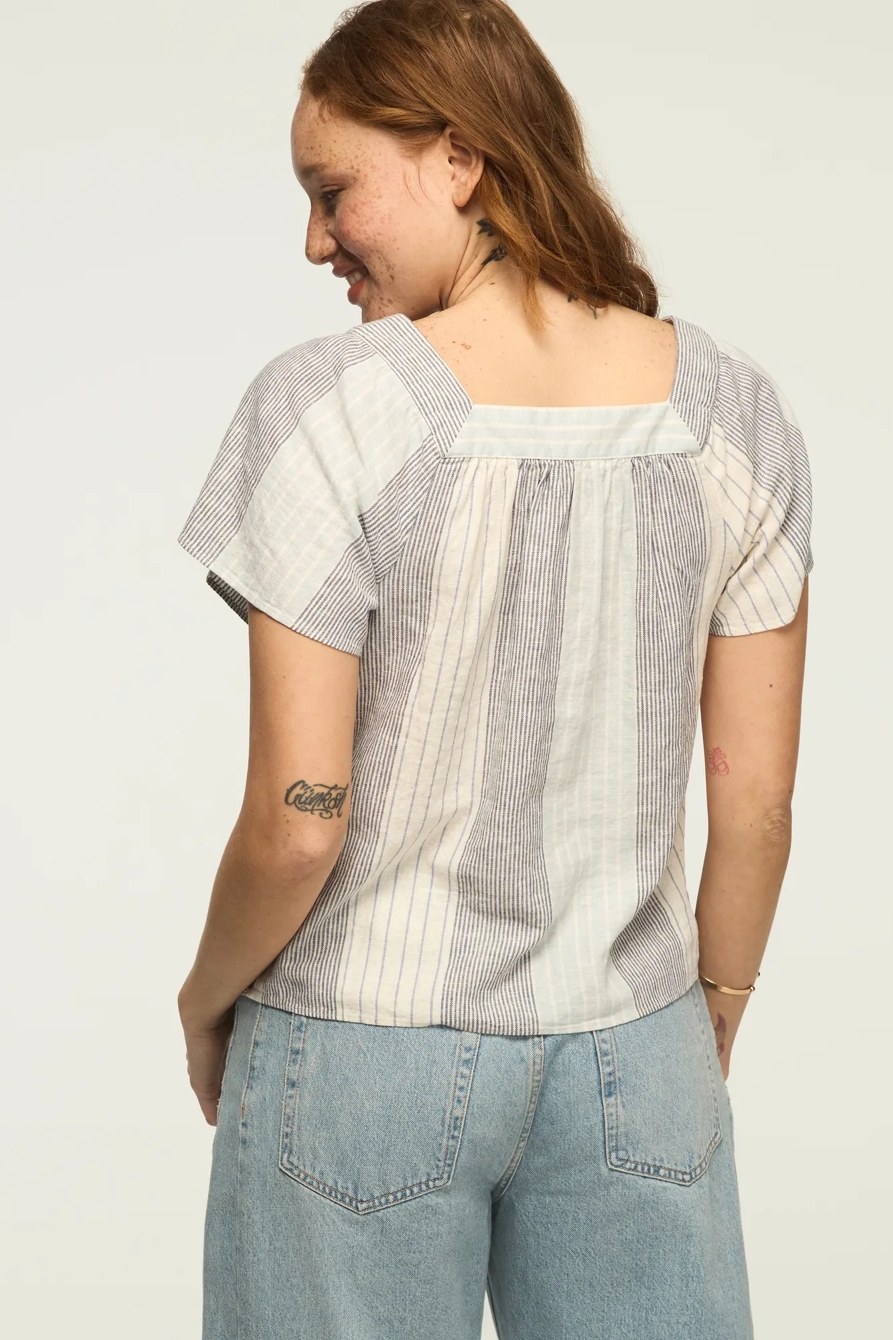 SQUARE NECK STRIPED EMBROIDERED TOP — BLUE STRIPE — image 3