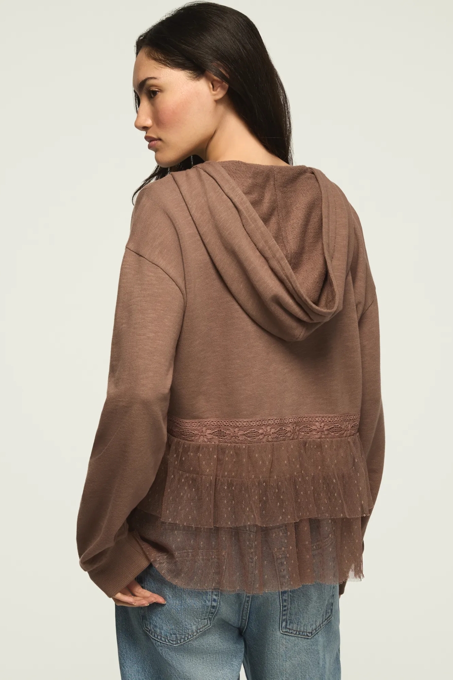 LACE TRIM PEPLUM ZIP UP — DEEP TAUPE — image 3