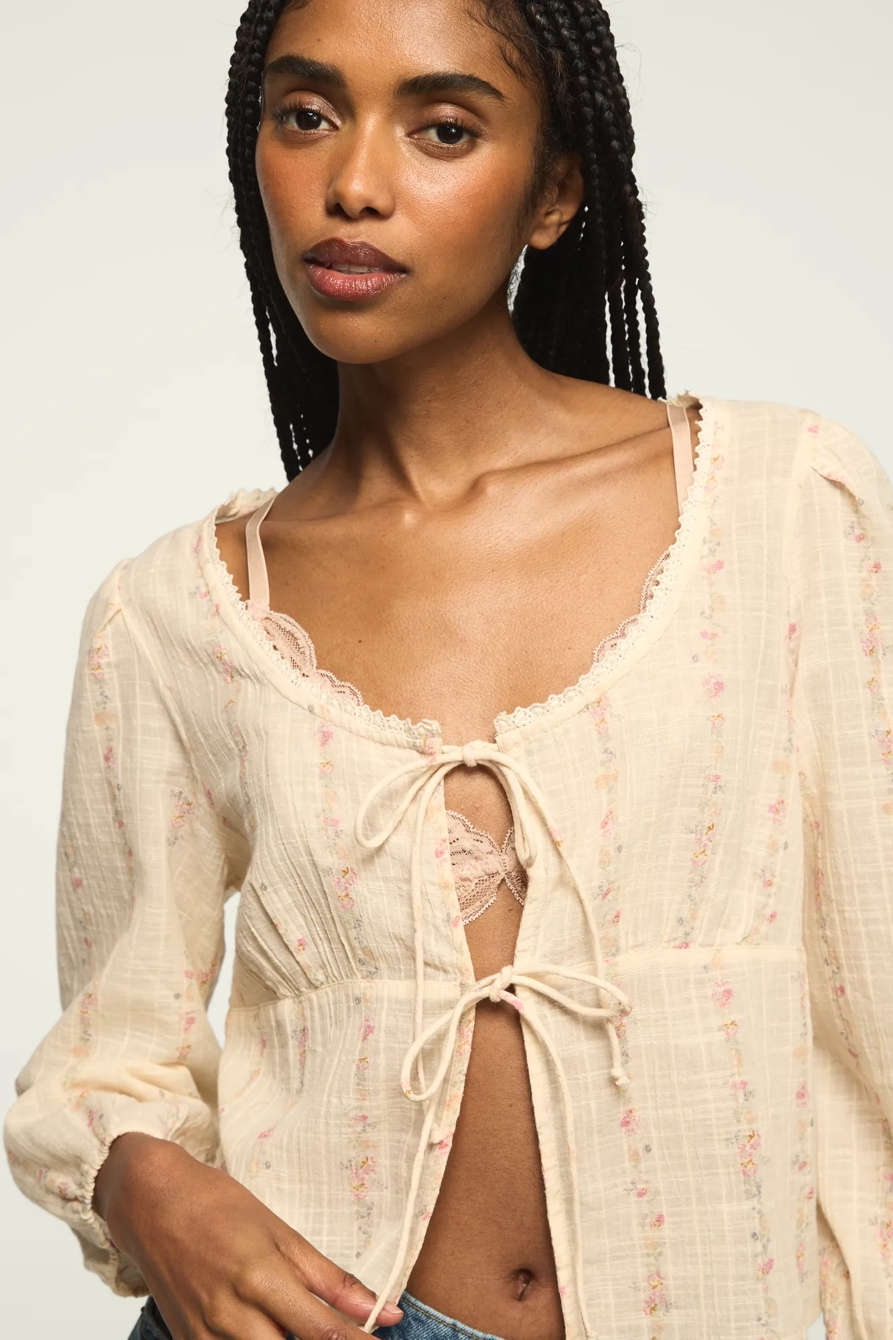 FESTIVAL CUTWORK FLYAWAY BLOUSE — CREAM FLORAL STRIPE — image 2