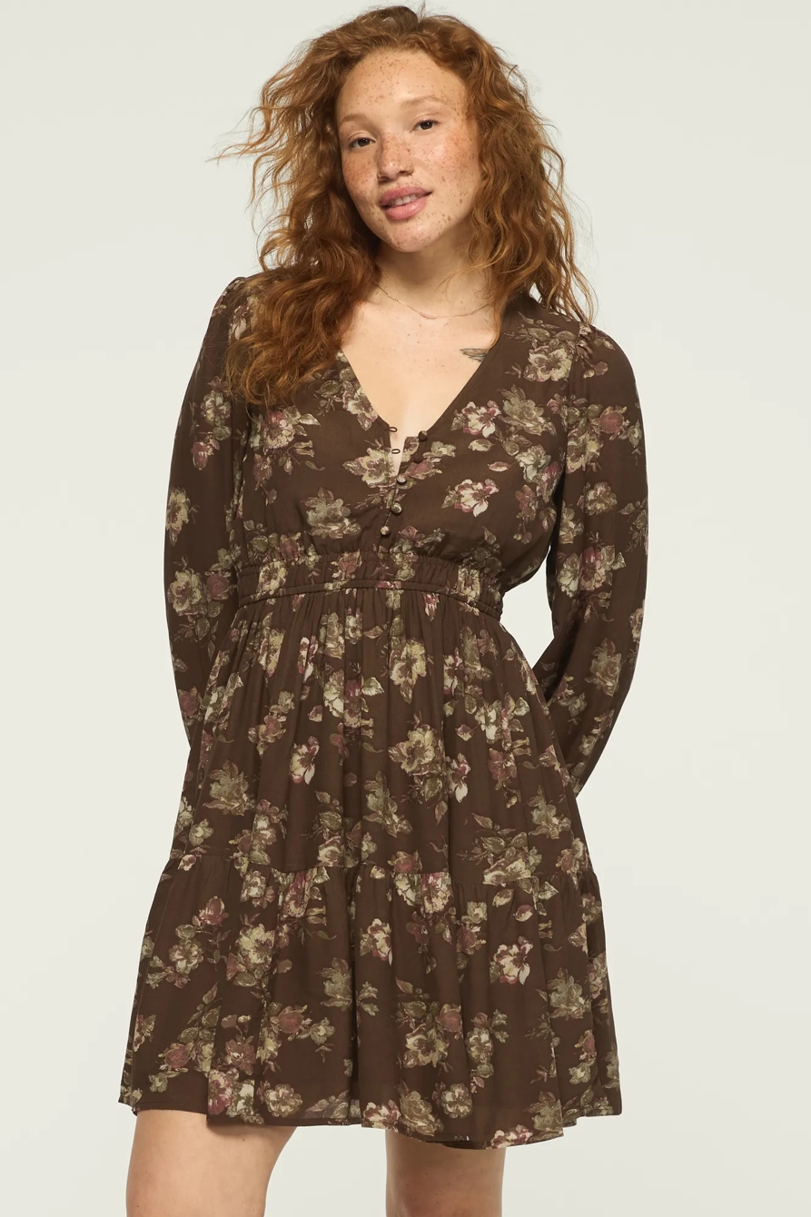 LONG SLEEVE SMOCKED WAIST MINI DRESS — TAUPE FLORAL — image 1