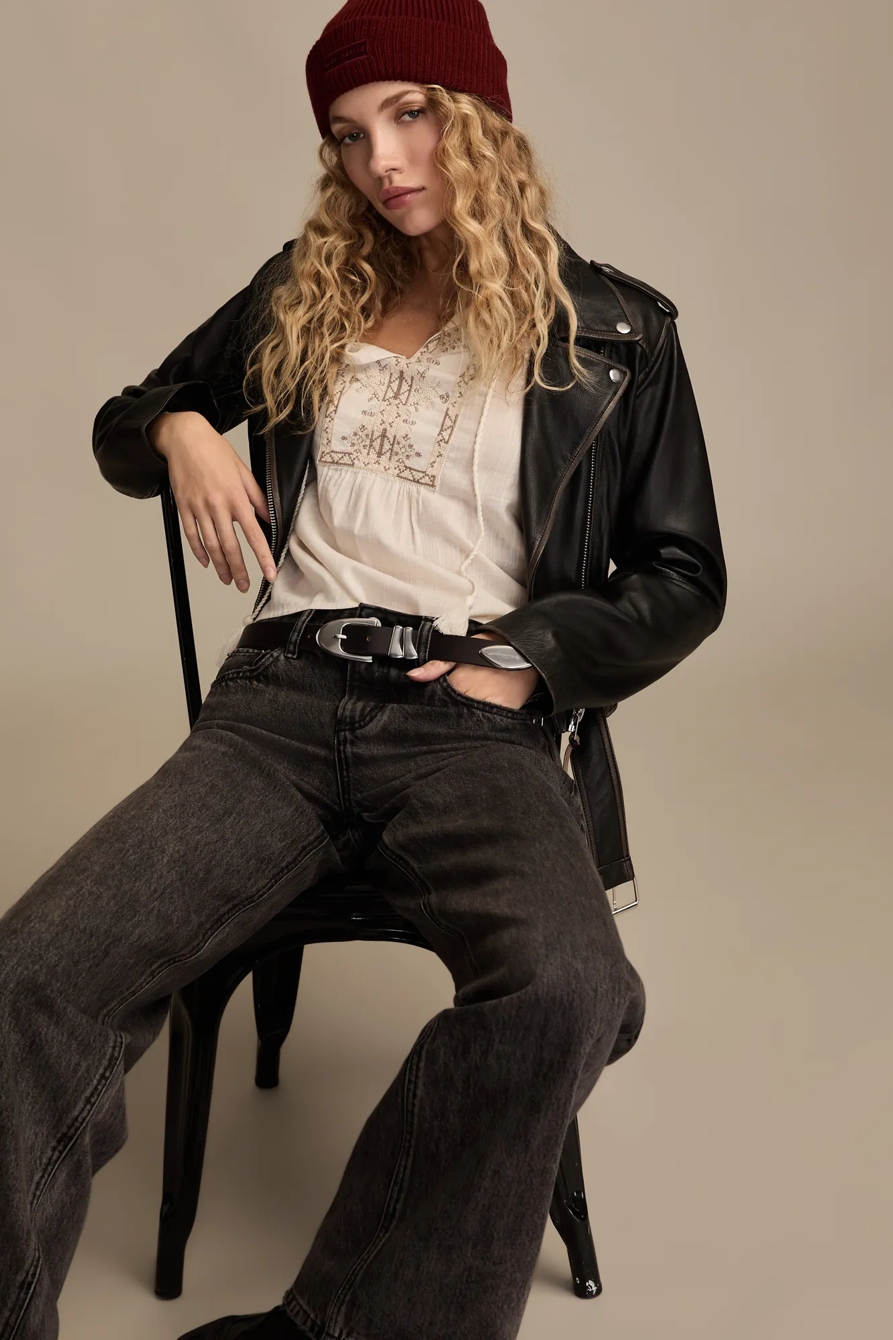 EMBROIDERED NOTCH NECK PEASANT TOP — GARDENIA — image 6