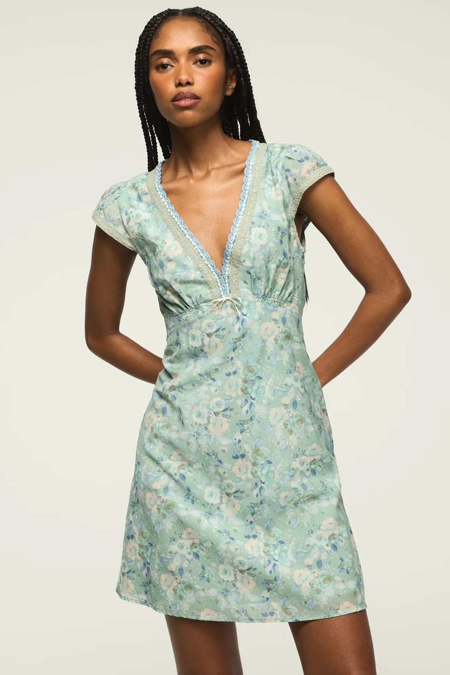 CAP SLEEVE PRINTED MINI DRESS — BLUE FLORAL — image 2