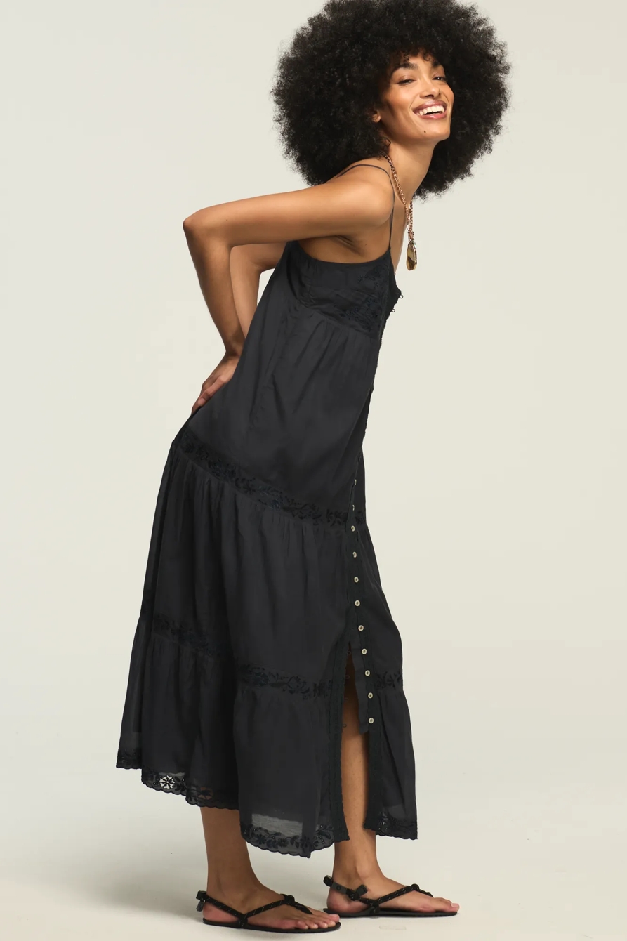 EMBROIDERED TIERED BUTTON THROUGH MIDI DRESS — INDIA INK — image 4