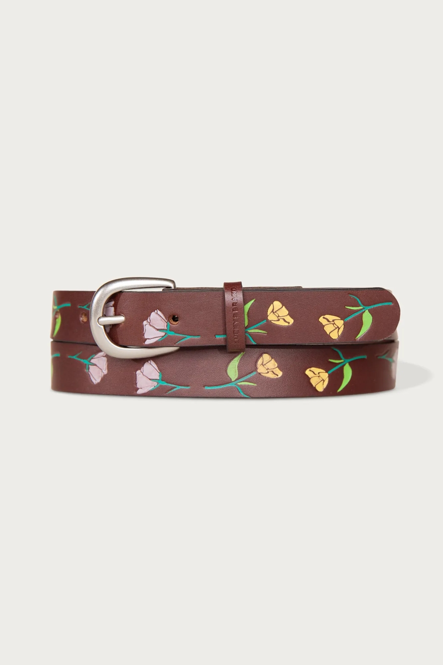 SKINNY LEATHER JEAN BELT WITH FLORAL EMBOSSED AND HANDPAINT — DARK BROWN — image 1