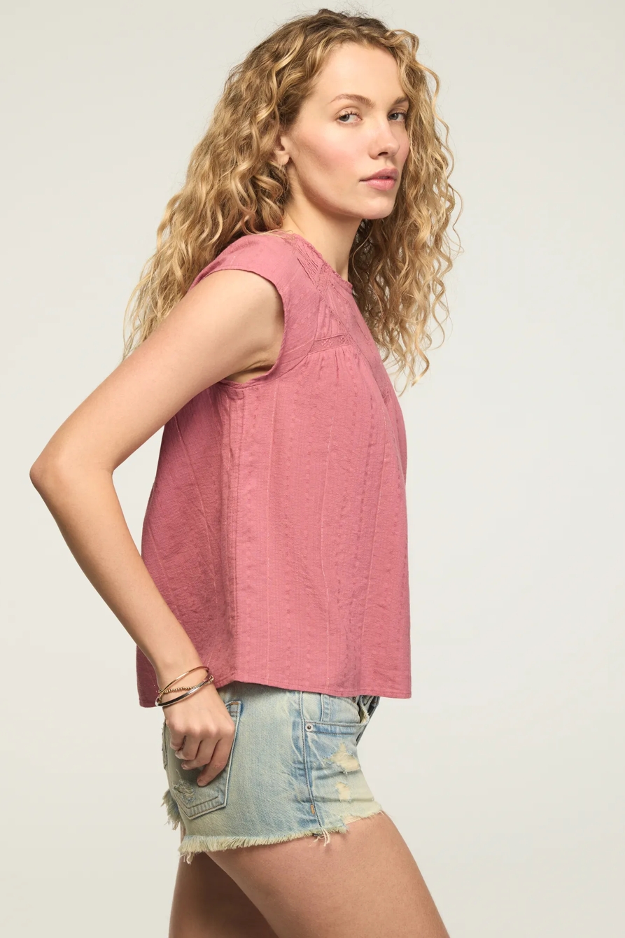 LACE YOKE FLUTTER TOP — BERRY — image 4