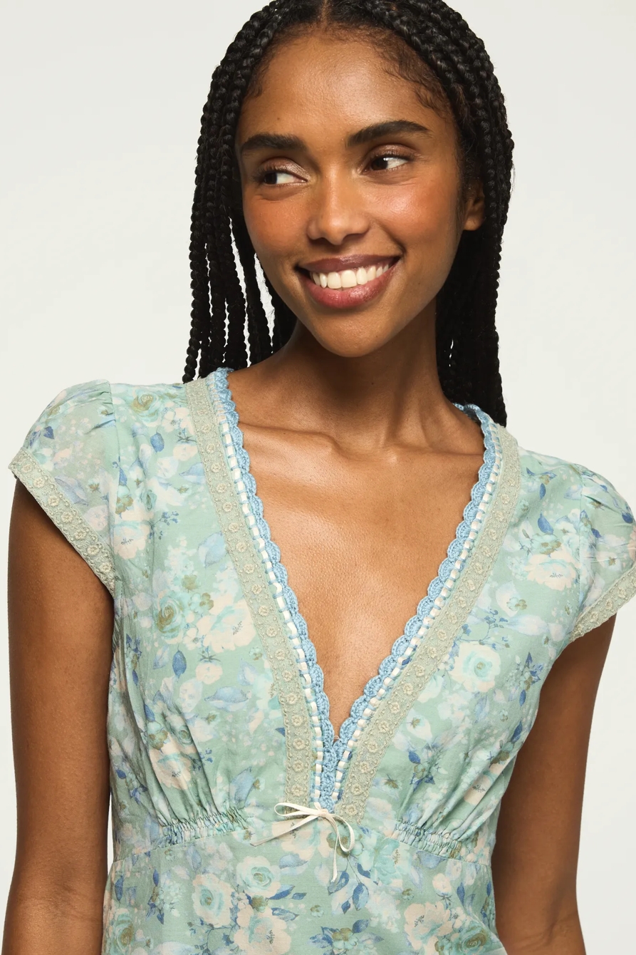 CAP SLEEVE PRINTED MINI DRESS — BLUE FLORAL — image 5