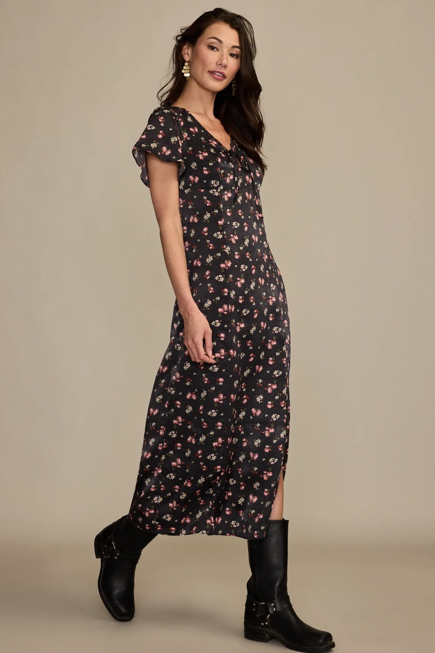FLUTTER SLEEVE MIDI DRESS — BLACK MULTI — image 4