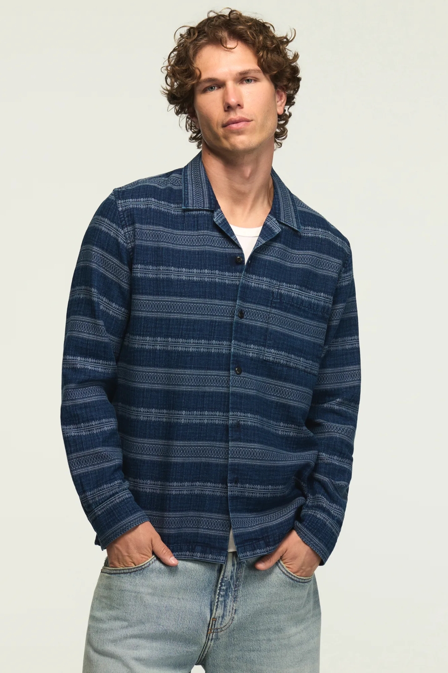 LONG SLEEVE INDIGO JACQUARD CAMP COLLAR SHIRT — INDIGO — image 1