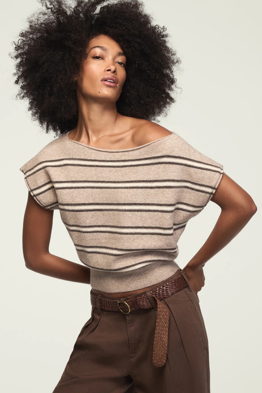 STRIPED BOAT NECK SWEATER TEE — OATMEAL HTR — image 1
