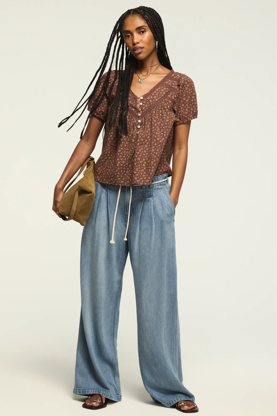 LACE HENLEY PEASANT BLOUSE — Brown Floral — image 5