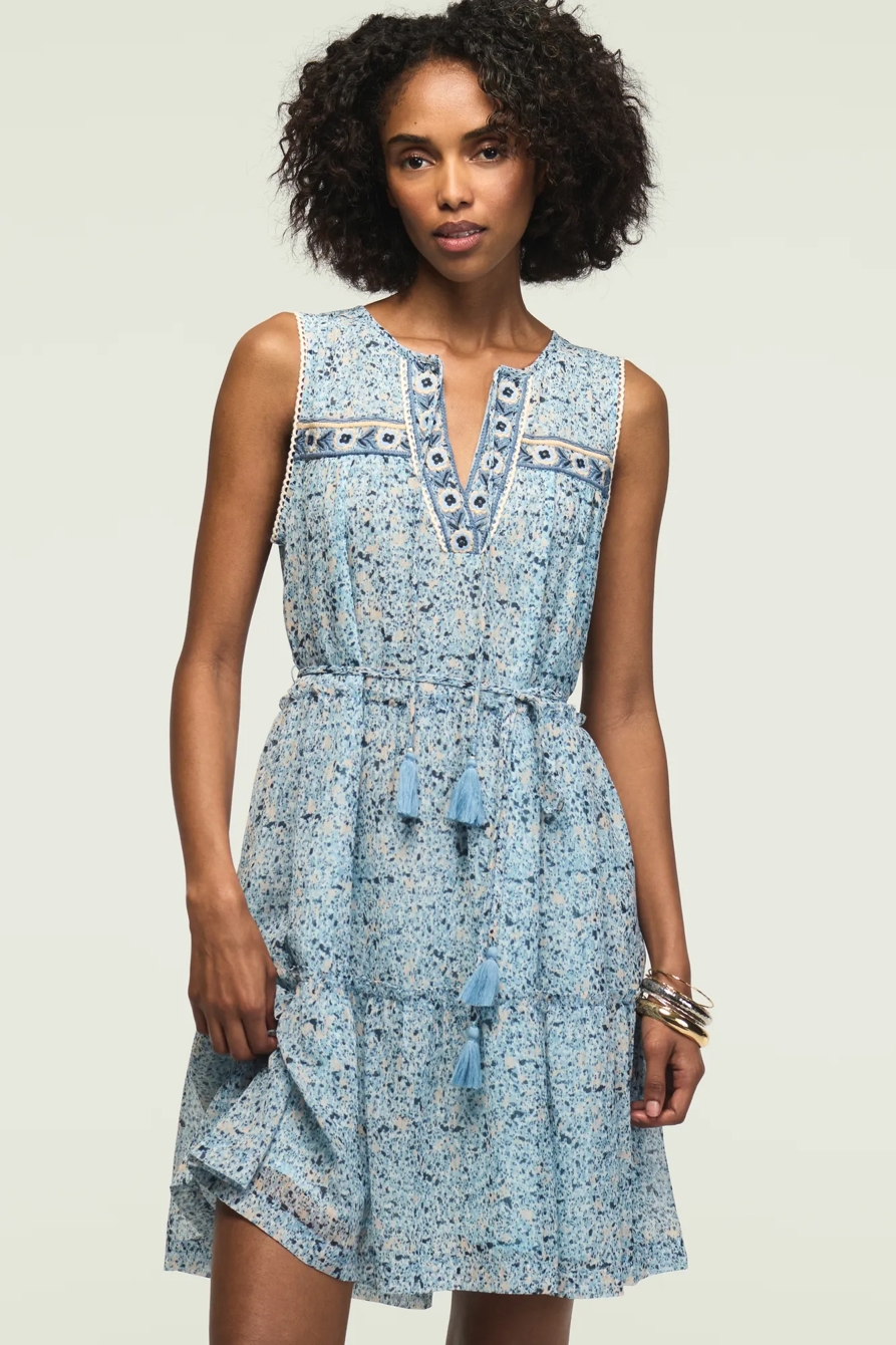 PRINTED EMBROIDERED YOKE MINI DRESS — BLUE FLORAL — image 1