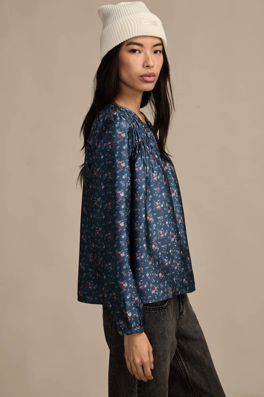 SMOCKED YOKE PEASANT TOP — BLUE FLORAL — image 4