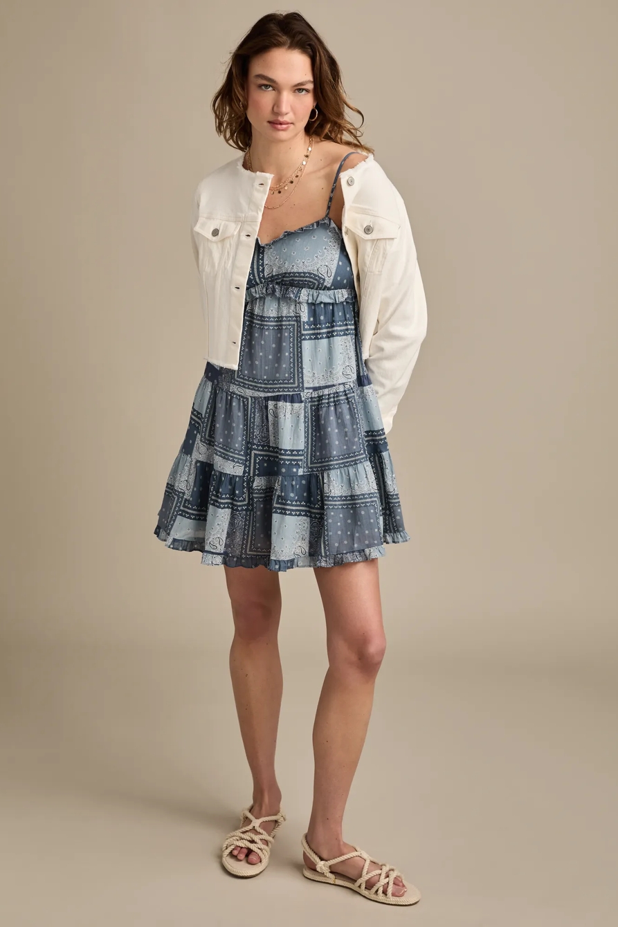 PATCHWORK RUFFLE TIERED MINI DRESS — NAVY BANDANA PRINT — image 3