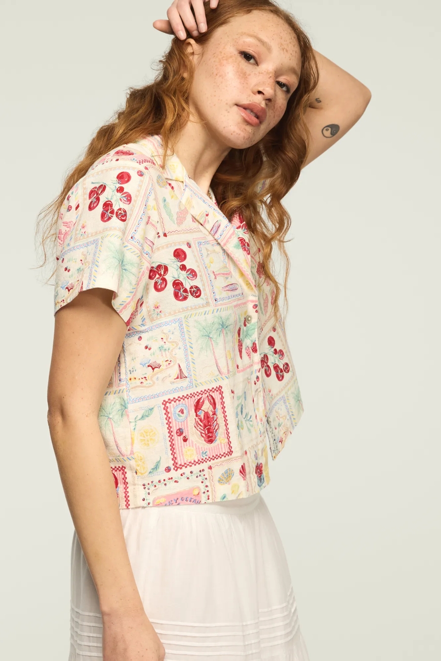 PRINTED LINEN CAMP SHIRT — MULTI POSTCARD — image 4