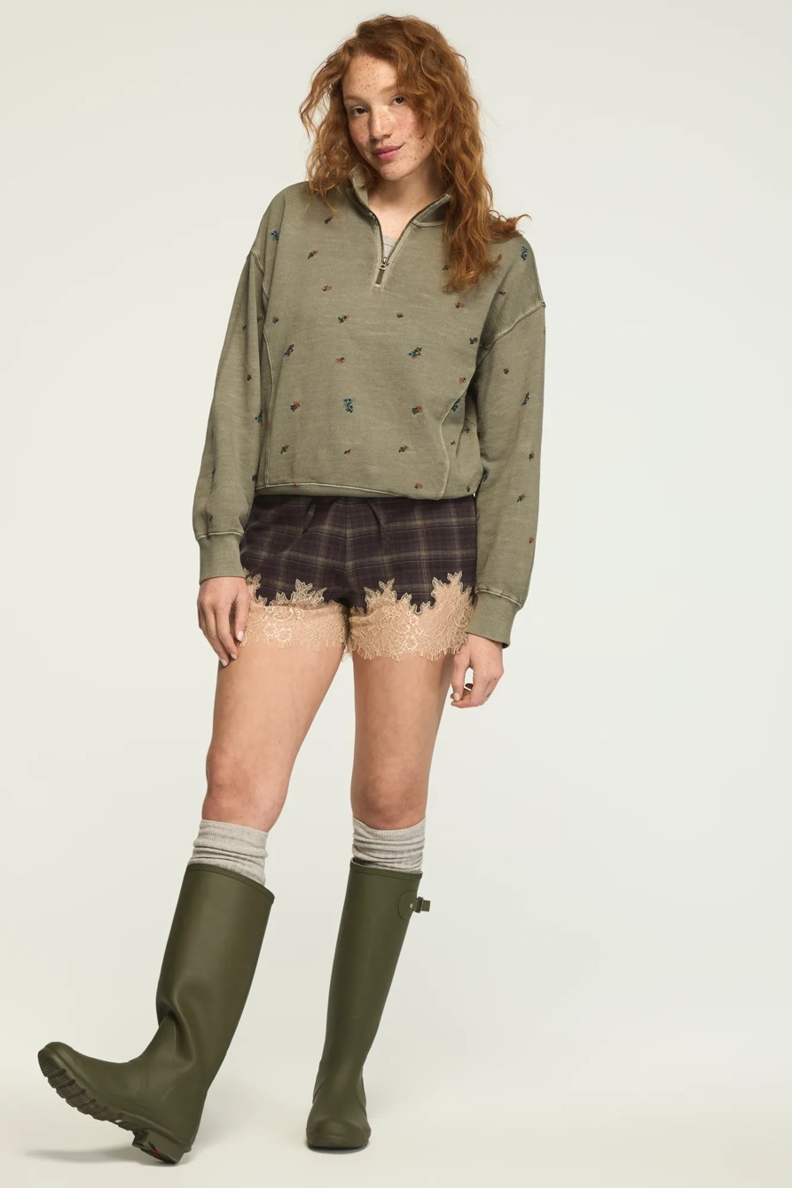 EMBROIDERED QUARTER ZIP PULLOVER — Dusty Olive — image 2