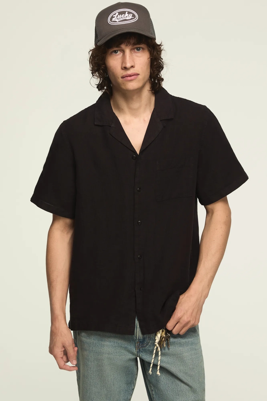 SHORT SLEEVE LINEN CAMP COLLAR SHIRT — PHANTOM — image 1