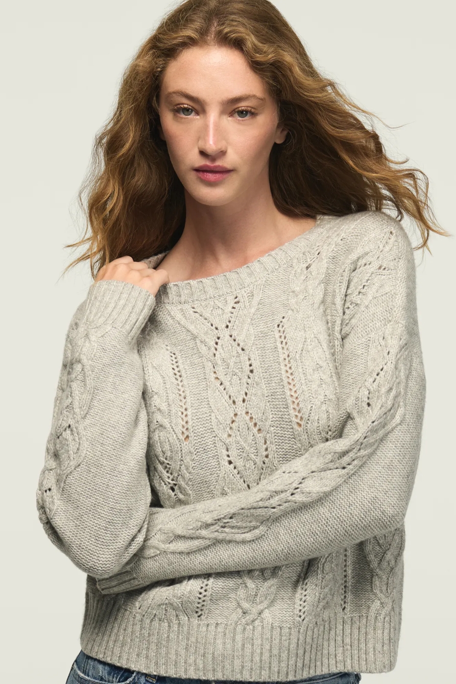 OPEN STITCH CABLE SWEATER — LIGHT HEATHER GRAY — image 2