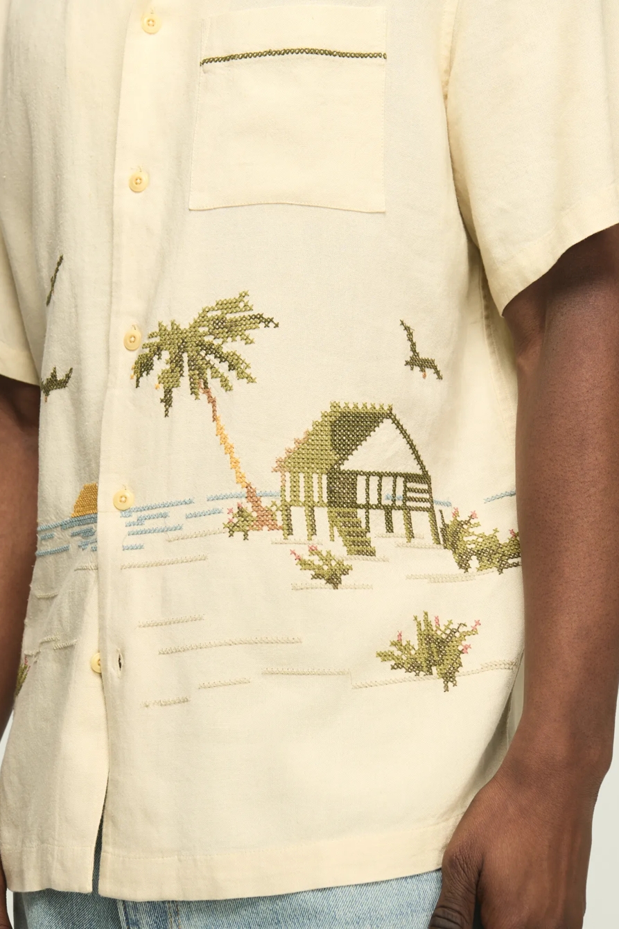 SHORT SLEEVE CROSS STITCH CAMP COLLAR SHIRT — NATURAL MULTI — image 2