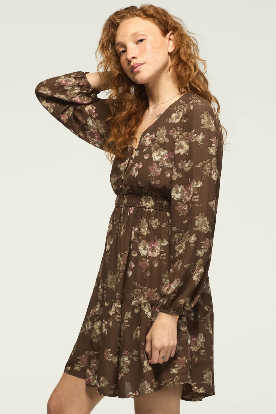 LONG SLEEVE SMOCKED WAIST MINI DRESS — TAUPE FLORAL — image 4