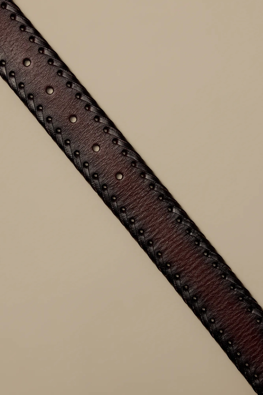 STITCHED LEATHER BELT — DARK BROWN — image 2