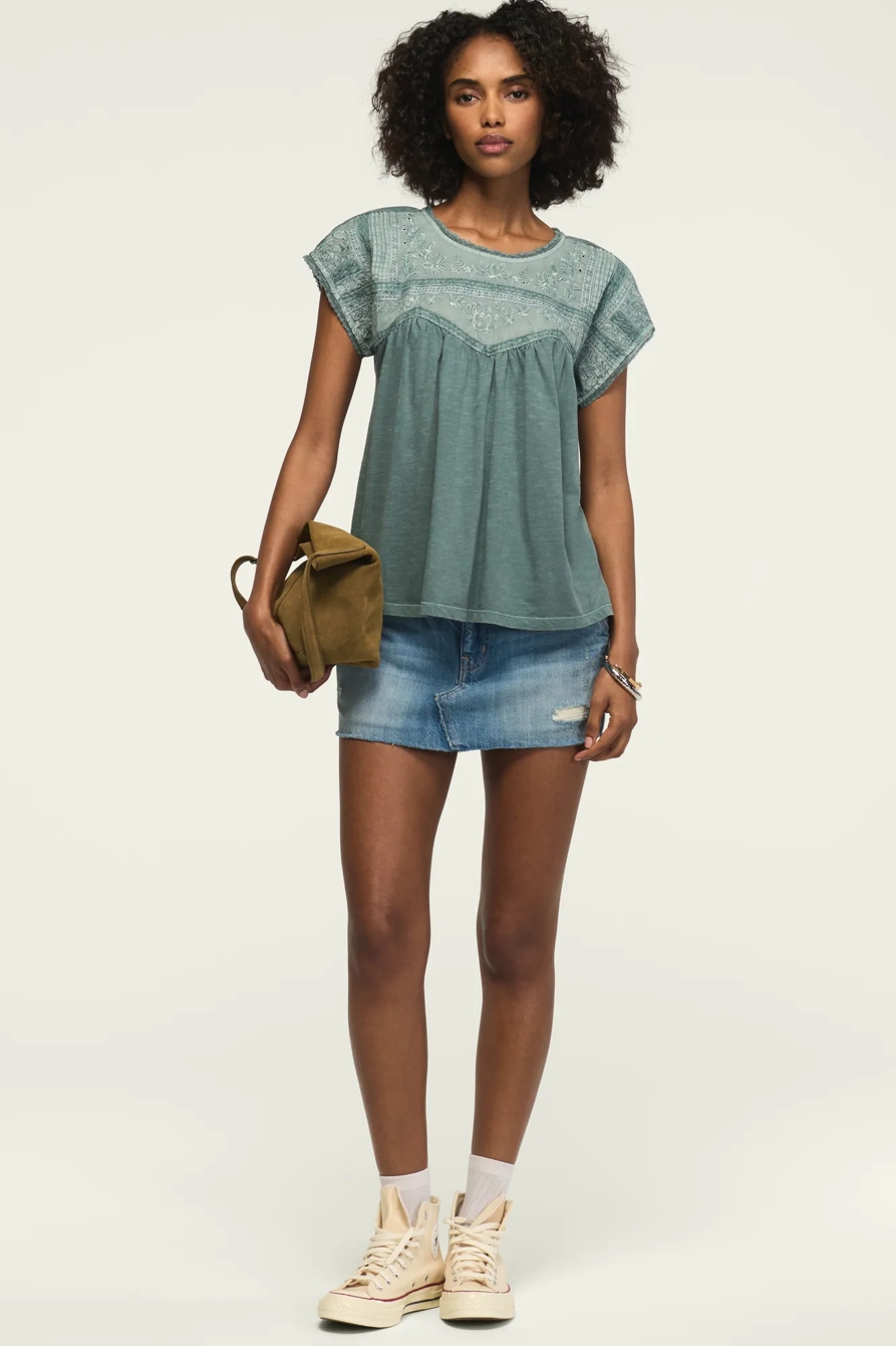 EMBROIDERED DOLMAN YOKE TOP — CAMEO BLUE — image 5