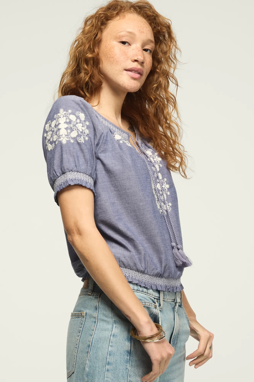 EMBROIDERED SHORT SLEEVE BUBBLE TOP — NAVY — image 1