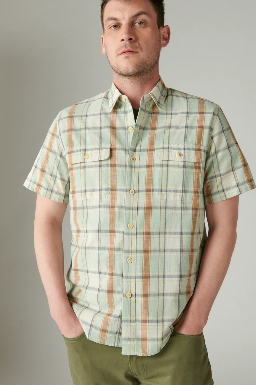 PLAID SHORT SLEEVE UTILITY SHIRT — GREEN STRIPE — image 2